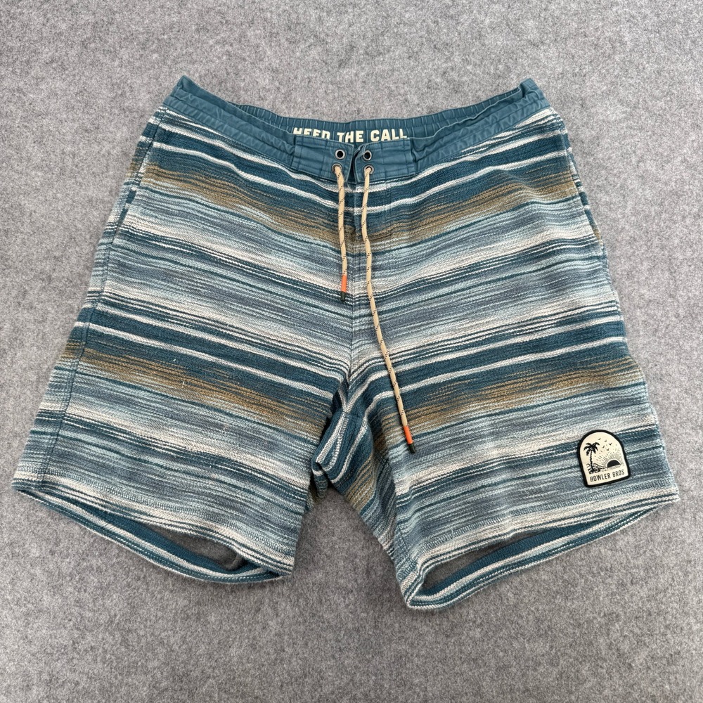 Howler Brothers Shorts Mens 36 Horizon Hybrid Blue Striped Knit EUC